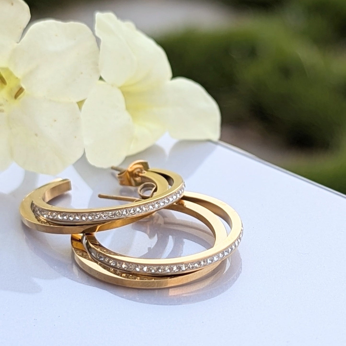 Minimalist Golden Shiny Double Line Hoops with Diamonds